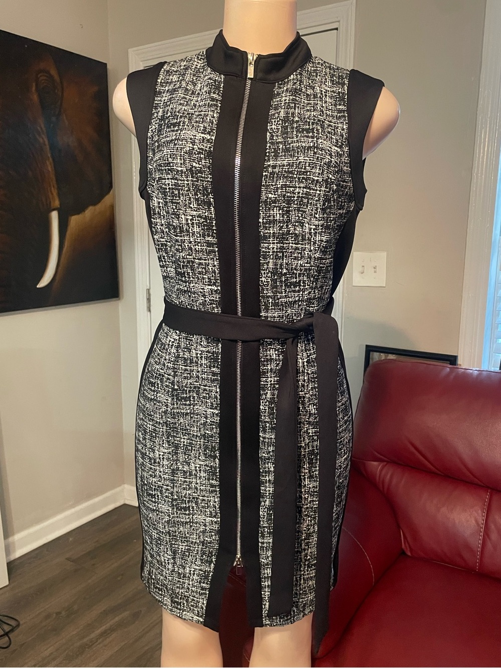 Enfocus studio full zip Sleeveless Black  Tweed Sheath Dress with Belt size 4